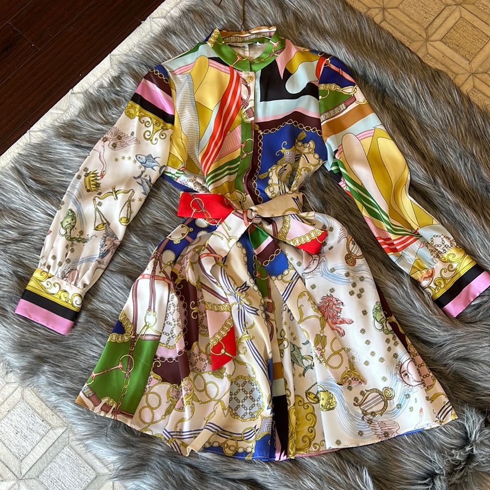 Zara printed multicolor satin mini dress with belt